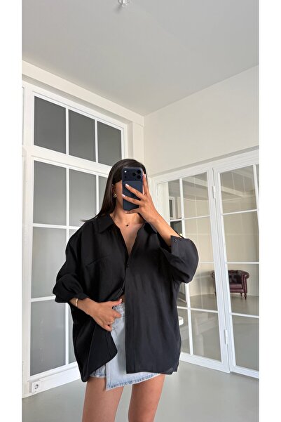 GAUS CO Siyah Oversize Tencel Gömlek GAUS-01698