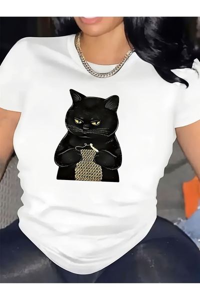 212Wear تي شيرت نسائي كاجوال بطبعة قطة سوداء، رقبة دائرية، أكمام قصيرة، مقاس ...
