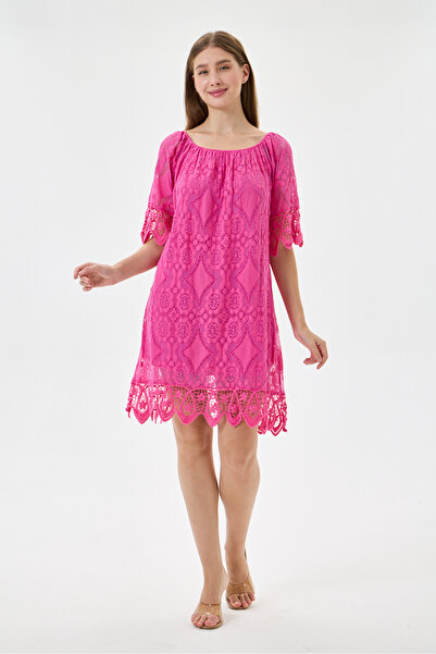 della moor Fuchsia Italian Elastic Madonna Collar Lace Guipure Lined Short Dr...