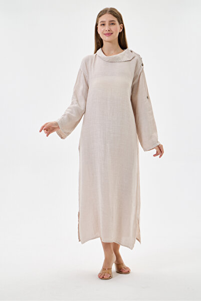 della moor Beige Italian 100% Linen Degaje Collar Folded Long Sleeve Long Lin...