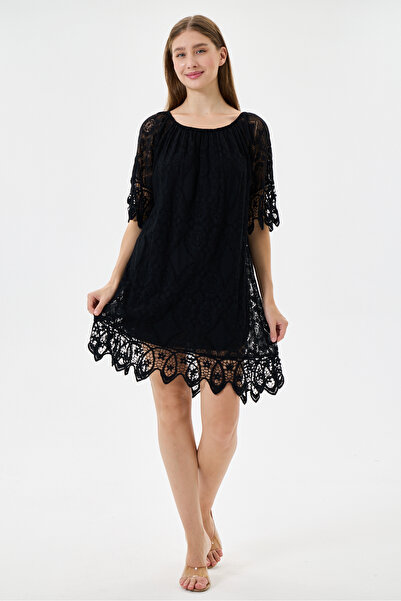 della moor Black Italian Elasticized Madonna Collar Lace Laced Lined Short Dr...