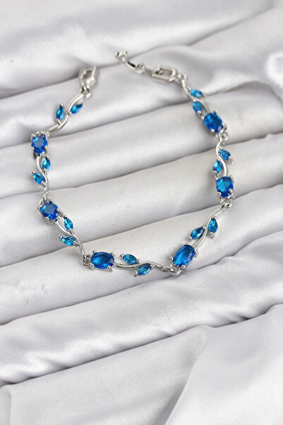 OGHAMAY Brass Silver Color Blue Zircon Stone Flower Model Women's Bracelet