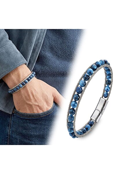 OGHAMAY Blue Agate Natural Stone and Steel Rope Men's Bracelet 18392B2Dh14