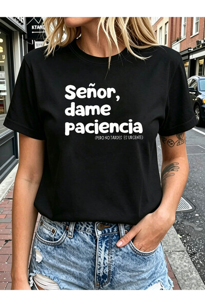 01THEONE Senor, Dame Patience Letter Print T-Shirt, Short Sleeve Crew Neck Ca...