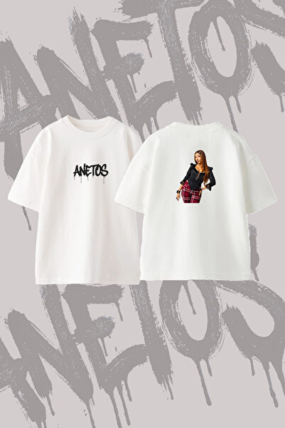 Anetos Corset Plaid Trousers Design Back Printed Cotton White Oversize T-Shirt