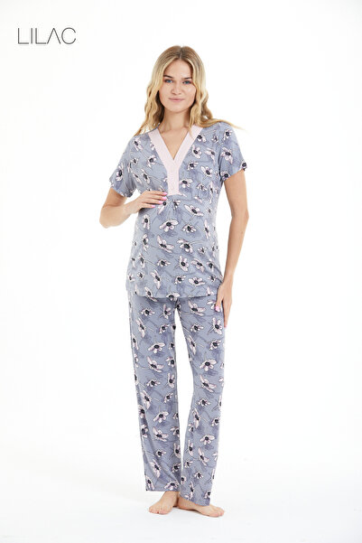 LILAC Hamile & Lohusa V Yaka Düğmeli Pijama Takımı