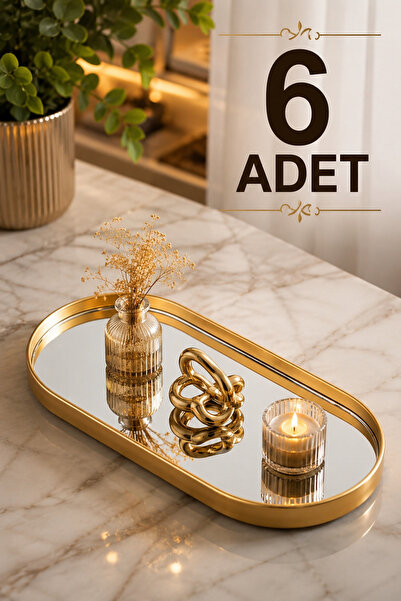 BERMİRA Home Collection 6'lı Oval Aynalı Sunumluk Altın 12x30 İkramlık Kahve ...
