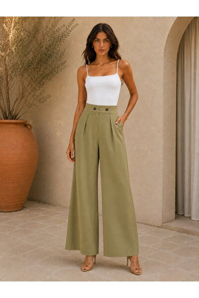 Paraf style Kadın Yüksek Bel Pileli Bol Paça Wide Leg Kumaş Pantolon