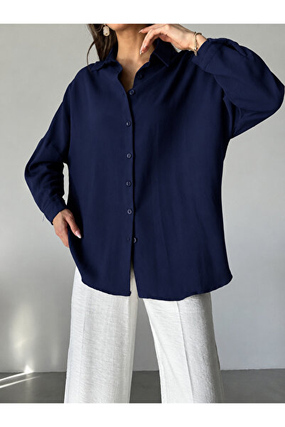 My Blog Navy Blue Linen Oversize Shirt - 5019