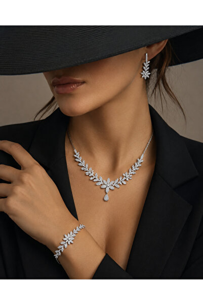 Argentoro 925 AYAR GÜMÜŞ RODYUM ZiRKON TAŞLI TAKI ZiNCiRLi SET