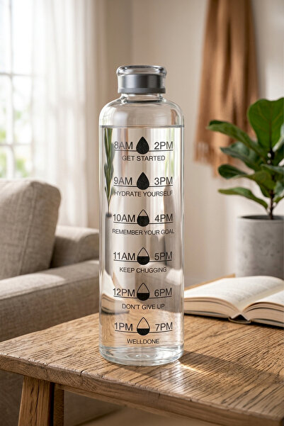 NESS HOME 1 Litre Sızdırmaz Zaman Çizelgeli Cam Su Şişesi Su Takip Matarası