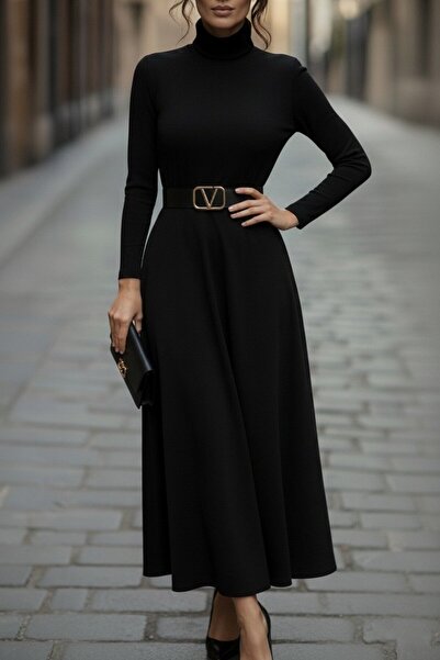 Generic Brand Women's Long Sleeve Turtleneck Long Acrylic Dress