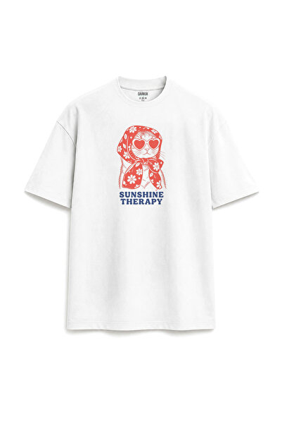 Darkia Sunshine Cat Retro Printed Design Relax Fit White T-Shirt