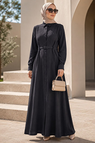 Neva Style Buttoned Smoked Strawberry Fabric Hijab Dress 30389Fu