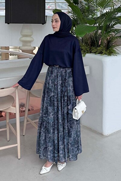 lamelif Sleeve Embroidered Sweatshirt Navy Blue