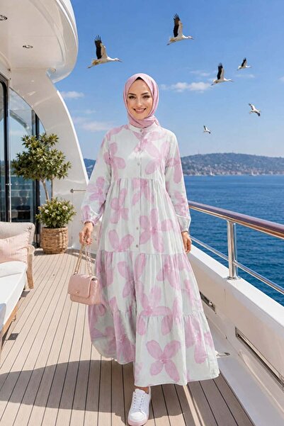 Hb Harma Time Butik فستان نسائي وردي اللون بأزرار ونقشة مودال