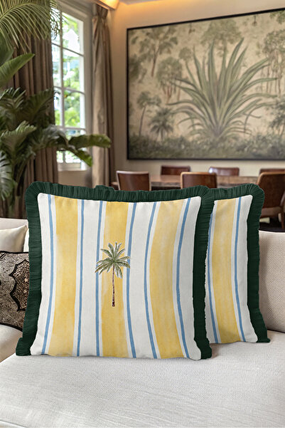 Evimde Bambaşka Tropical Striped Palm Fringed Pillowcase-Summer Beach Bohemia...