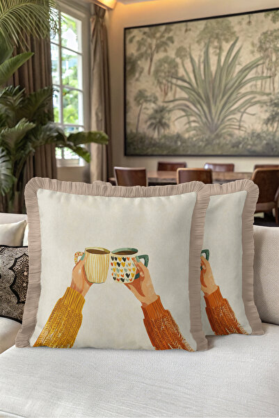 Evimde Bambaşka Coffee Cup Design Fringed Pillowcase - Warm Eclectic Cream Mi...