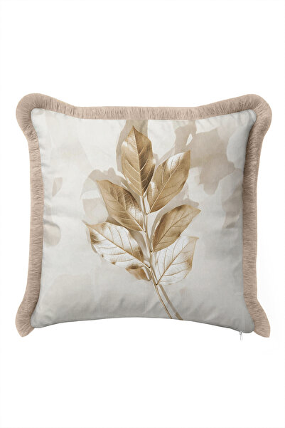 Evimde Bambaşka Luxurious Leaf Patterned Elegant Fringed Pillowcase - Botanic...