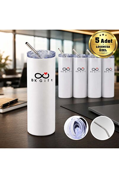 Bk Gift Personalized with Your Logo, 5 Steel Thermoses with Straws, 600 ml Wh...