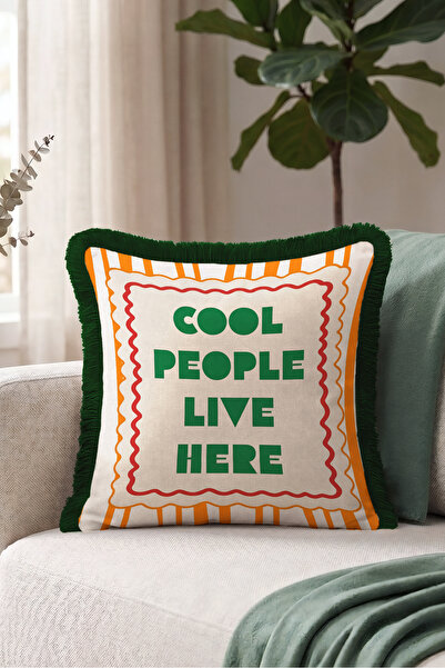 Evimde Bambaşka Cool People Live Here Retro Fringed Pillowcase-Orange Bohemia...