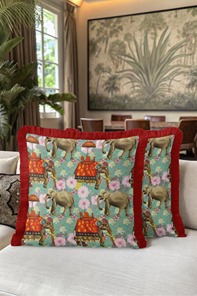 Evimde Bambaşka Exotic Elephant Pattern Floral Fringed Pillowcase-Authentic S...