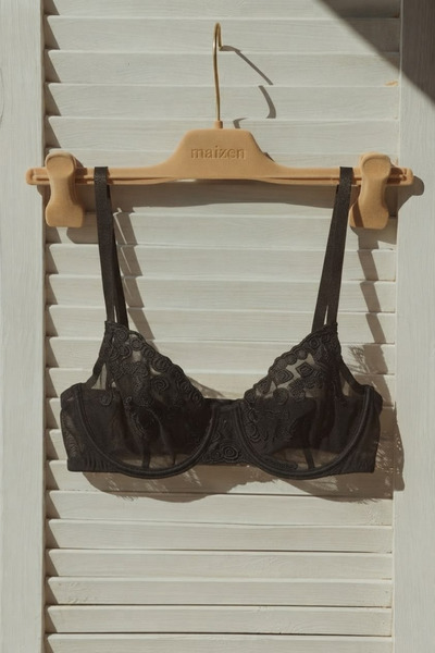 MAİZEN Black Rose Patterned Bra with Underwire Unpadded Transparent Women's U...