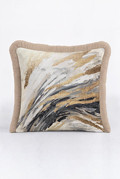 Evimde Bambaşka Modern Abstract Marble Fringed Pillowcase - Artistic Bohemian...
