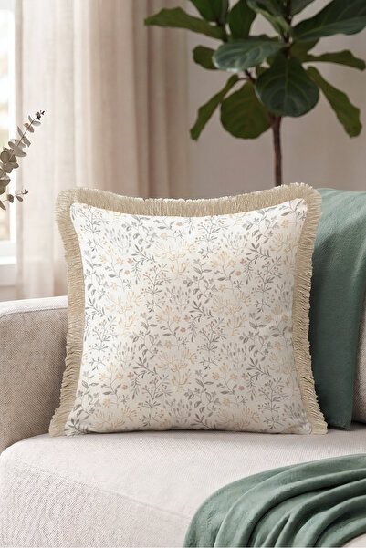 Evimde Bambaşka Elegant Floral Botanical Pattern Fringed Pillowcase - Natural...