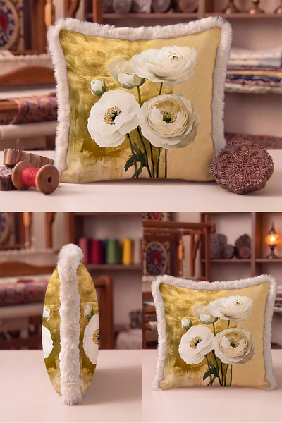 Evimde Bambaşka Floral Cream Elegant Floral Fringed Pillowcase - Stylish Bota...