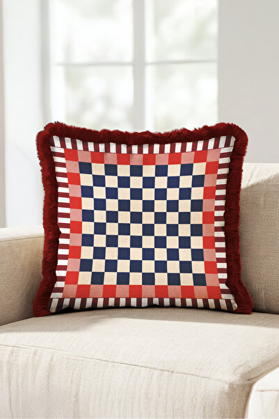 Evimde Bambaşka Geometric Checkered Retro Plaid Fringed Pillowcase-Eclectic S...