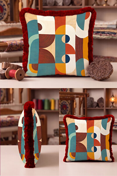 Evimde Bambaşka Geometric Abstract Design Fringed Pillowcase-Mid Century Bohe...