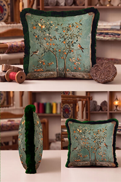 Evimde Bambaşka Exotic Bird Pomegranate Tree Vintage Fringe Pillowcase-Artist...
