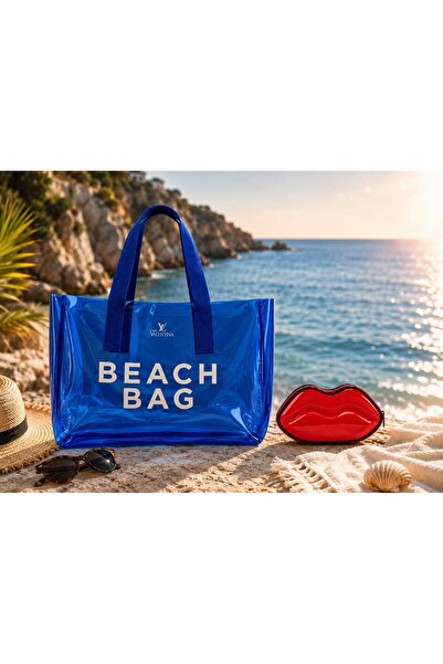 ValeriaBag Summer Time A Kalite Şeffaf Plaj Çantası + Değerli Eşya Çantası Mavi
