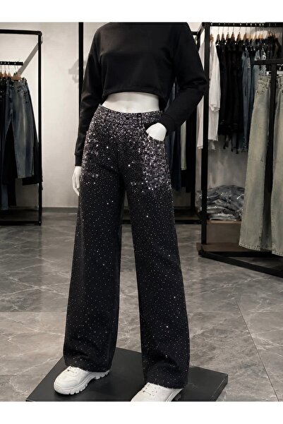 Lookluxurybutik Siyah Taş İşlemeli Bol Paça Yüksek Bel Kadın Pantolon