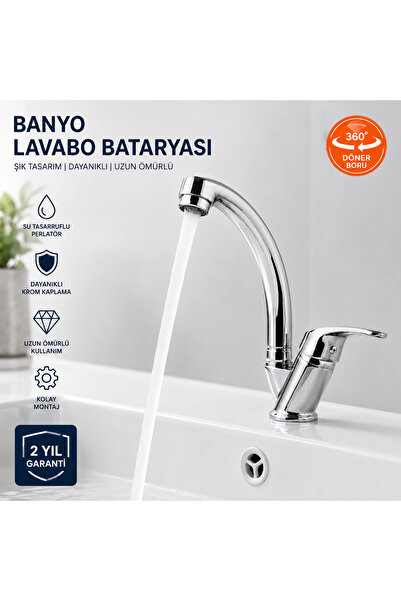DESIPHON Banyo Lavabo Musluğu Kısa Borulu Kuğu Batarya Tek Kollu Krom Kaplama...
