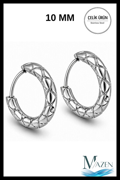 MAZEN 10mm Geometric Carved Pattern Premium Steel Hoop Earrings Unisex Silver...