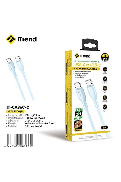 itrend Cablu USB-C la USB-C iTrend, 1 m, Încărcare Rapidă PD 60W, Silicon, Al...