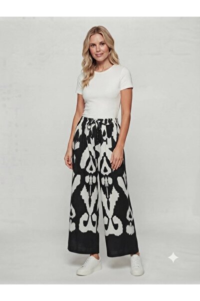 520CK Women's Black and White Ethnic Patterned Summer Trousers - Plazzo Pants