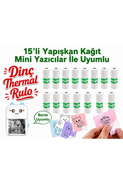 Dinç Thermal Mini Yazıcı ile Uyumlu 15'Li Yapışkanlı Kağıt Sticker Termal Rulo
