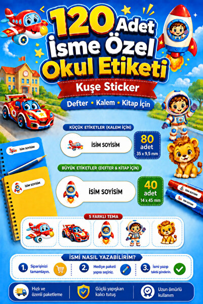 cabuk baskı Erkek Çocuklara Özel 120 Adet İsimli Okul Etiketi Sticker Seti 5 ...