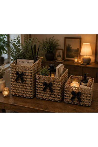 Egindra Wicker Jute Woven Metal Wire Decorative 3-Piece Organizer Basket Set-...