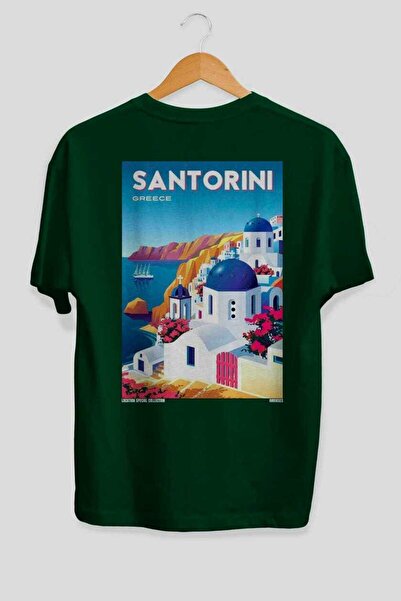 Ankhises Santorini Greece 3 Green Oversize Country City Back Printed Unisex T...