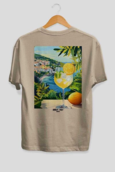 Ankhises Αμάλφι Ιταλία 5 Μπεζ Oversize Country City Back Printed Unisex T-Shi...