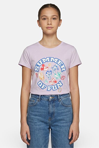 Disney Kids Girl Crew Neck Short Sleeve Micky And Friends Print T-Shirt, Purple
