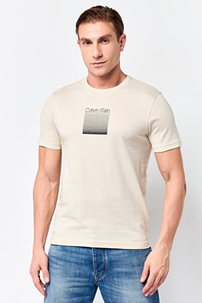 Calvin Klein Men Crew Neck Embroidered Logo Short Sleeve T-Shirt, Beige