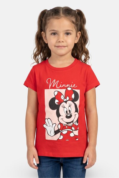 Disney Kids Girl Crew Neck Short Sleeve Mickey Minnie Print T-Shirt, Red