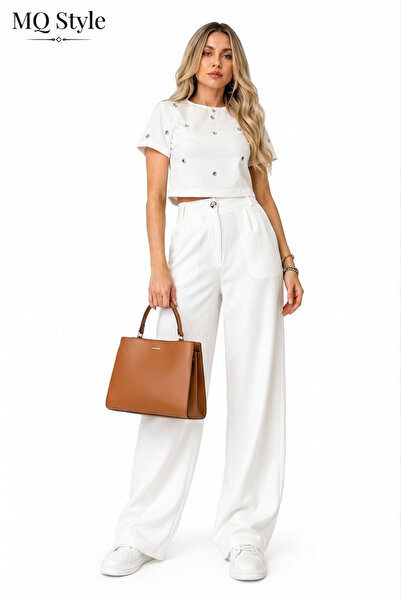MQ Women's Casual 2 Piece Luxury Set - Rhinestone Detailed Crop Top & Trouser...
