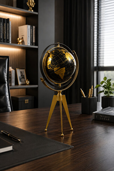 Vien Home Lüks Siyah Gold Dekoratif Dünya Küresi – Metal Ayaklı Modern Masa Ü...