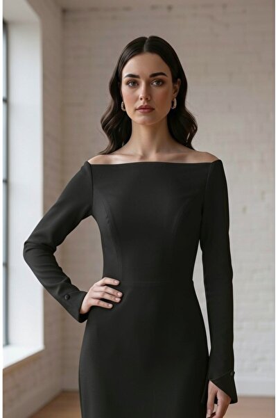 ENDAMIM Women's Boat Neck Long Sleeve Slit Pencil Wedding Dress Lined Crepe F...